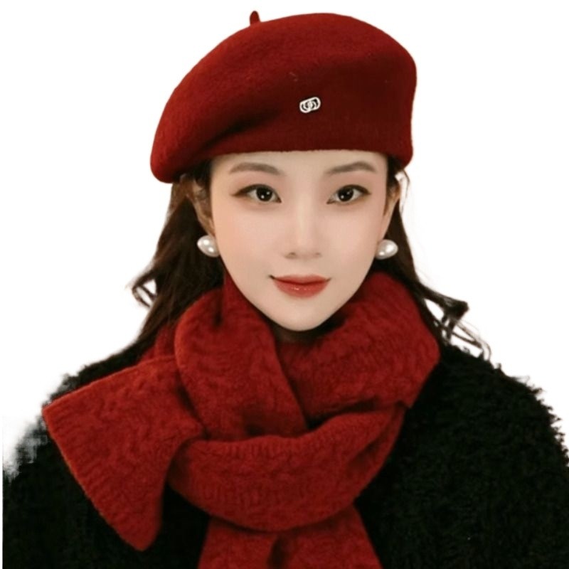 毛呢定型贝雷帽子女2025新款秋冬保暖时尚画家帽蓓蕾帽红色针织