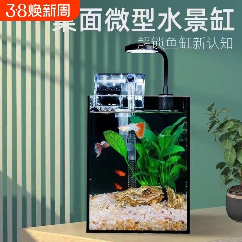 桌面造景小鱼缸加厚玻璃办公桌鱼缸书桌鱼缸免换水金鱼缸网红同款