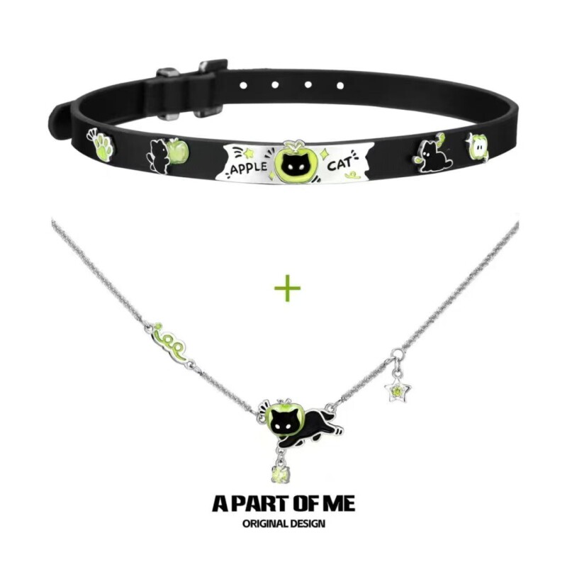 原创黑猫青苹果叠戴项链小众choker辣妹y2k锁骨链小众设计颈