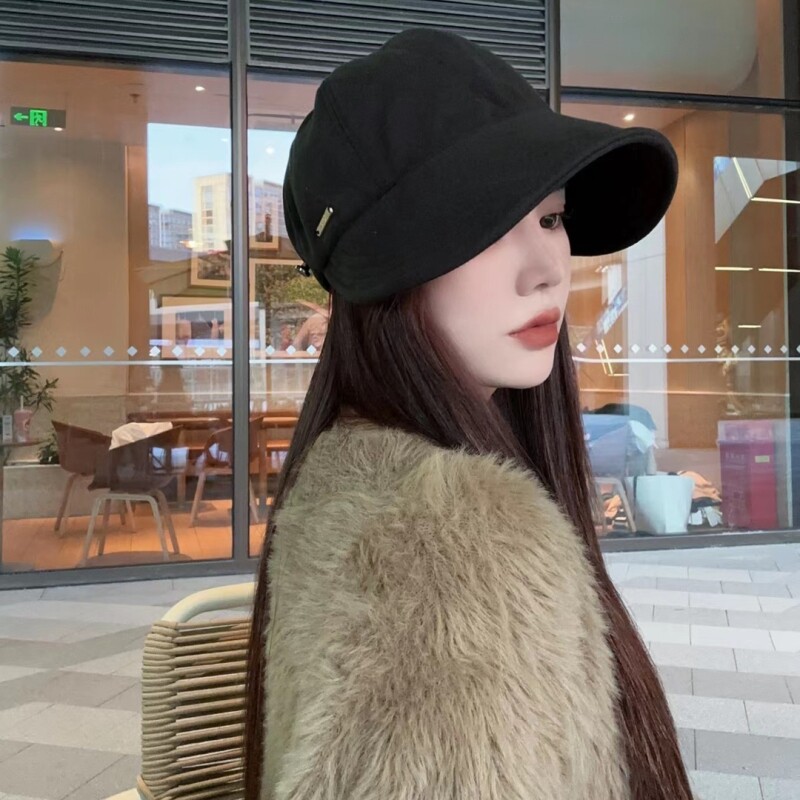 遮脸鸭舌帽子女秋冬渔夫帽明星同款毛呢帽帽檐薄款黑色宽檐加宽