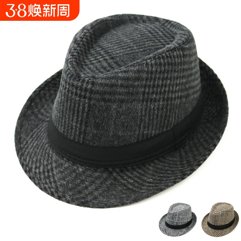 礼帽男女通用春秋季爵士帽时尚英伦格纹礼帽复古绅士帽格子小礼帽
