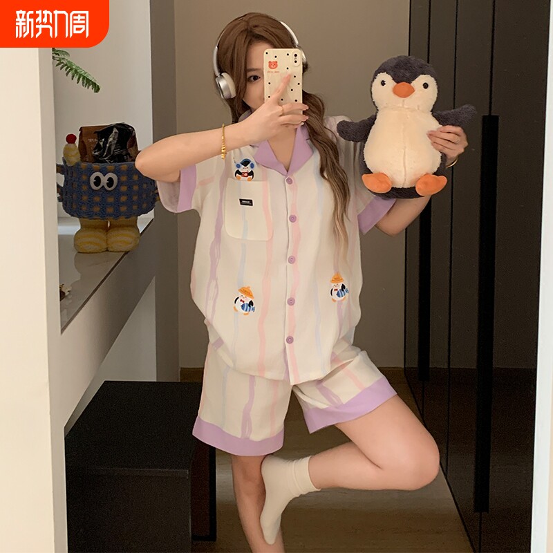 夏季短袖短裤学生宿舍卡通云朵棉纱布睡衣可爱少女家居服两件套