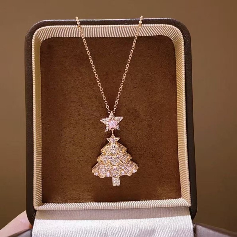 粉色满钻星星圣诞树项链新款秋冬配饰轻奢精致毛衣链摆件新年配饰