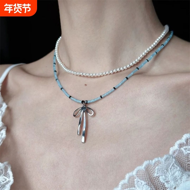 芭蕾少女~蓝色系串珠蝴蝶结项链纯欲风小众锁骨链显白高颜值颈链