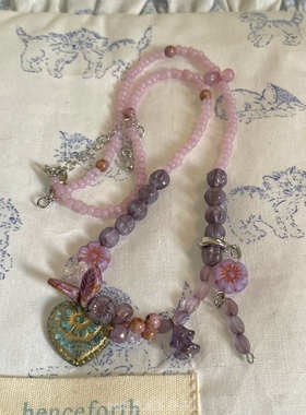 「桑葚清酒」紫色清新爱心吊坠花朵串珠春夏vintage爆款项链锁骨