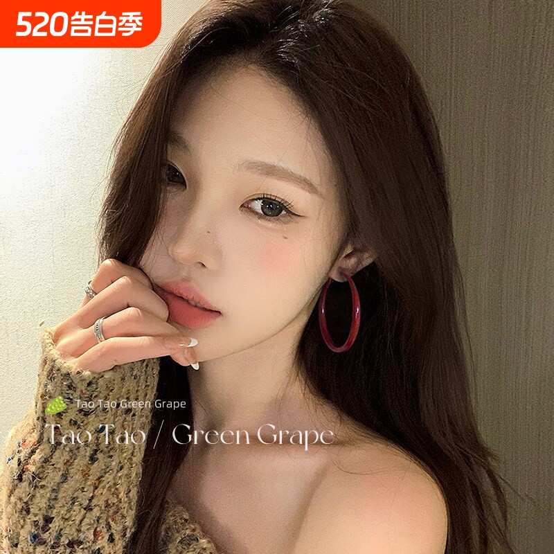 复古港风安可拉红色大耳圈秋冬圈圈耳环女高级感耳钉气质素圈耳饰