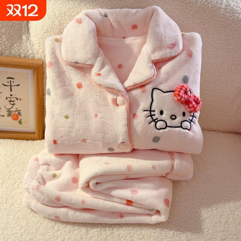 圆点卡通KT猫珊瑚绒睡衣女童冬季加厚保暖女孩中大童家居服居家