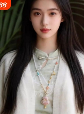 新中式旗袍汉服配饰项链粉宋锦葫芦长款玉髓吊坠挂链秋冬毛衣链