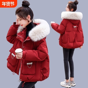 派克羽绒服女红色短款冬2025年新款爆款韩版chic大毛领袄加厚黑色