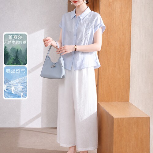 妈妈夏装新款莱赛尔天丝上衣套装