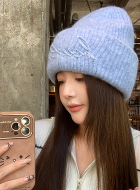 字母兔毛针织帽女冬季加厚保暖毛线帽时尚帽子紫色白色灰色可折叠