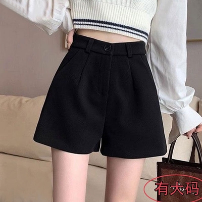赫本风黑色毛呢短裤女秋冬新款高腰显瘦A字大码休闲阔腿打底靴裤