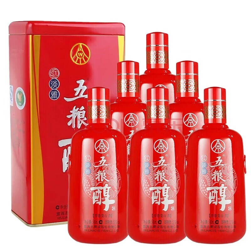 五粮醇红淡雅50度500ml铁盒浓香型白酒用酒6瓶整箱正品酒类纯粮