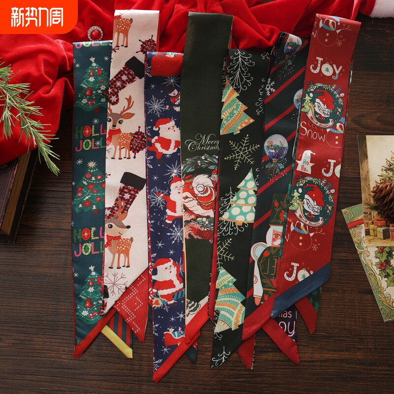 爆款圣诞新年细窄丝巾小长条女春秋新款百搭发带领巾百搭装饰发饰