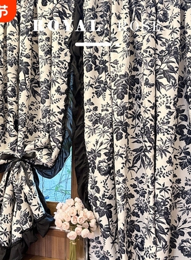 法式复古浪漫荷叶边窗帘小香风黑色洛可可轻奢卧室阳台布帘半帘