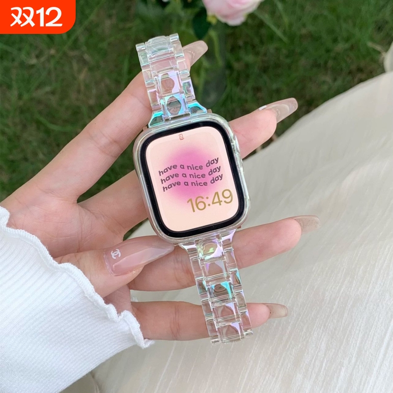 适用荣耀手表5新款个性树脂表链honor智能腕表4亲选Rossini 2i表带Haylou Watch树脂炫彩镭射夏天高级