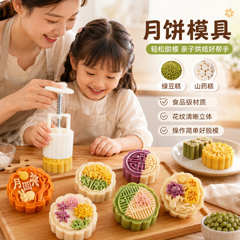 月饼模具冰皮流心手压式国风压花雪花绿豆糕点心手工磨具2026新款