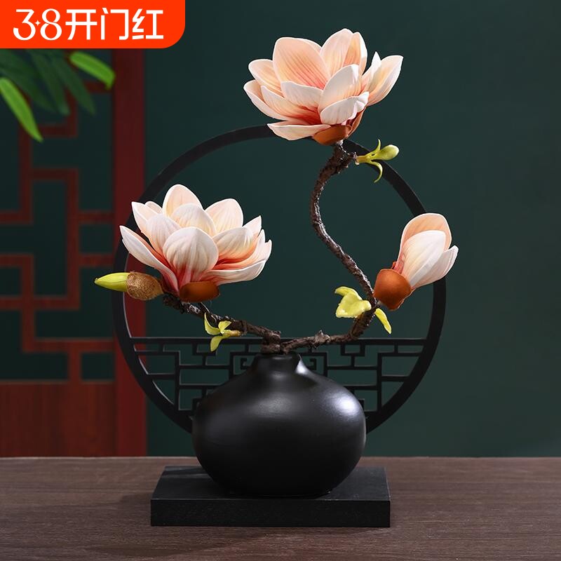 中式陶瓷仿真玉兰花假花花瓶插花客厅展柜电视柜装饰摆件套装摆放