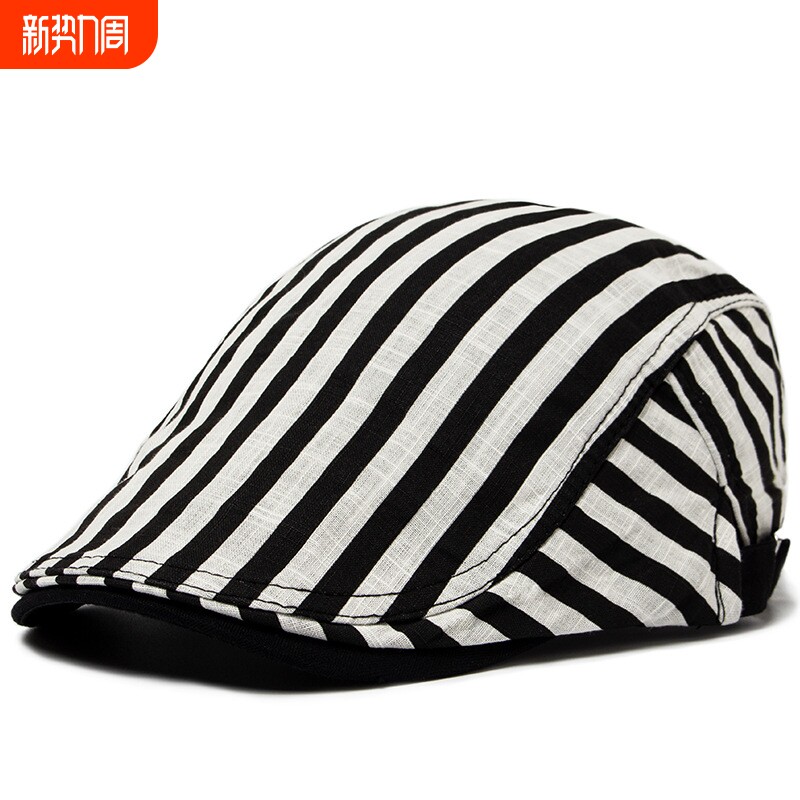 春夏季薄款鸭舌帽男士棉麻透气条纹贝雷帽文艺青年女遮阳帽子