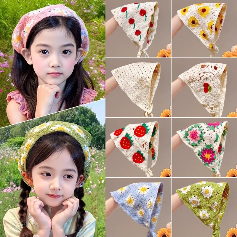 多巴胺森系针织三角巾头饰法式头巾女春夏田园风海边蕾丝钩花发带