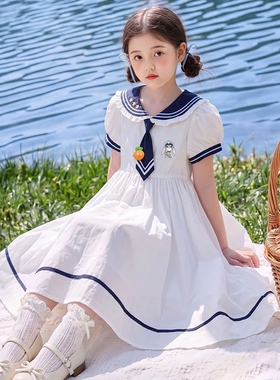 女童学院风海军领连衣裙夏装2026新款大童夏季短袖公主裙白色蓝色