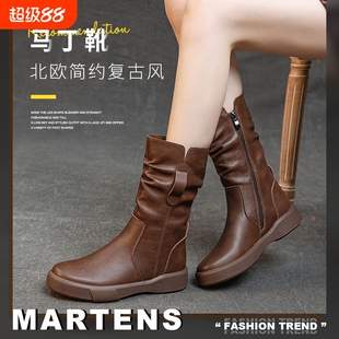 紅蜻蜓女鞋欧美简约百搭真皮马丁靴女秋冬季中筒靴透气保暖粗加绒