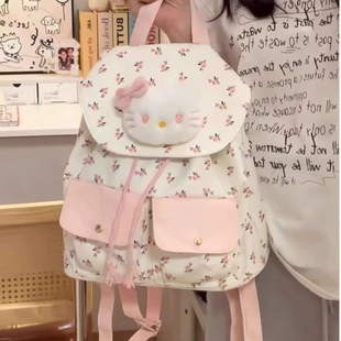 碎花帆布包高颜值可爱kt猫双肩小众上课背包大容量helloKitty书包