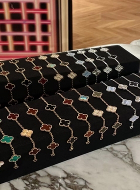 高端版四叶草五花手链18K金黄红玉髓白贝母玛瑙镭射玫瑰金手链女