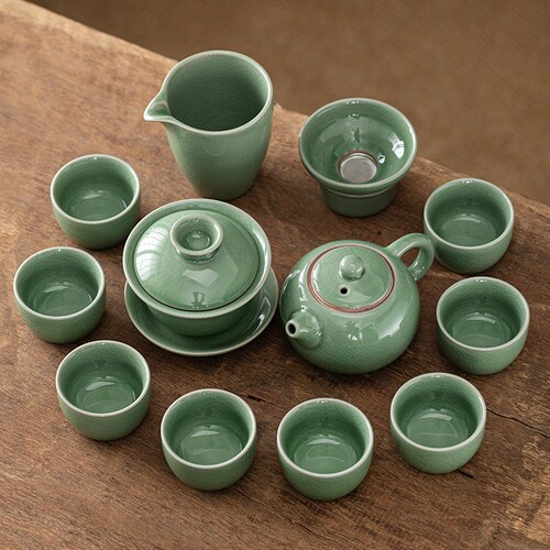冰裂纹哥窑绿功夫茶具盖碗茶壶泡茶器套装提梁壶茶杯户外家用开片