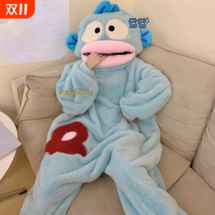 丑鱼睡衣女秋冬季 加厚网红睡裙女 珊瑚绒情侣连体卡通搞怪睡袍男款