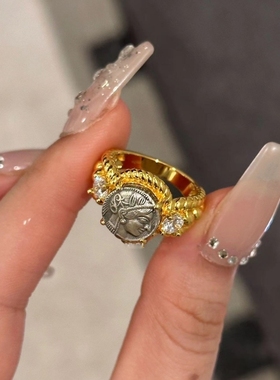 浮雕中古雕刻老钱风西欧头像镶钻古希腊气质个性指环潮开口可调节