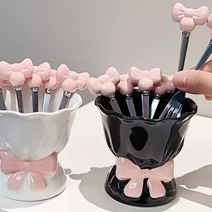 蝴蝶结水果甜品叉收纳罐小叉子茶几罐不锈钢陶瓷客厅家用备婚高级