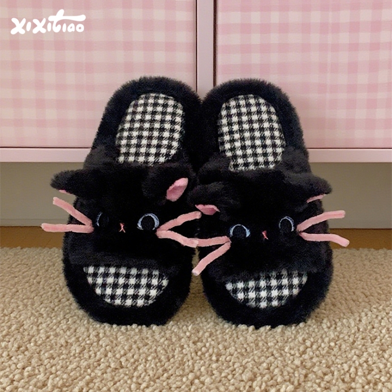 细细条 个性小黑猫卧室居家室内防滑趣味棉拖鞋女士秋冬毛毛拖鞋 - 封面