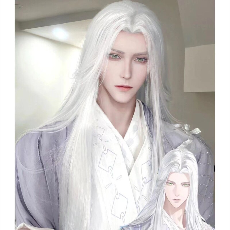 假发女长发中分自然逼真汉服古装日常男士白色cos发型古风全头套