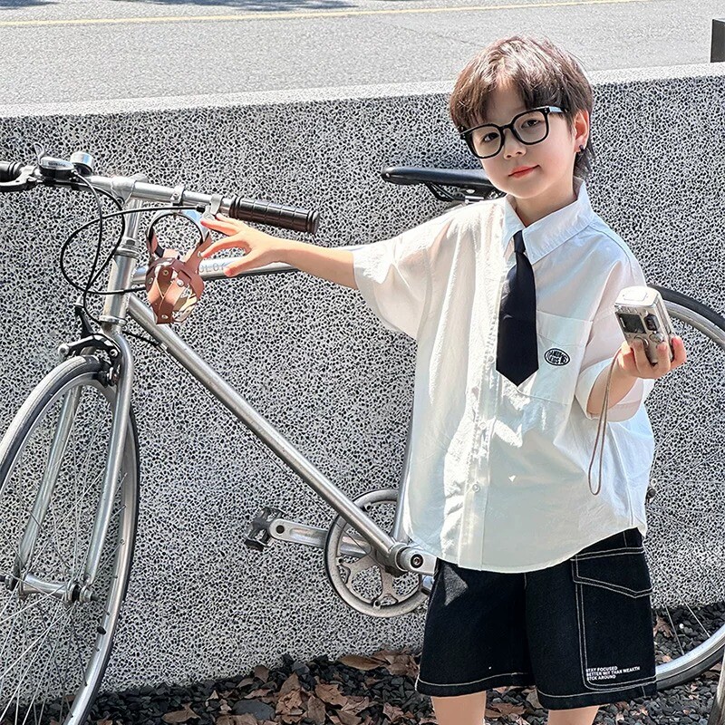 男童衬衫短袖夏季2026新款儿童学院风领带白衬衣纯棉男孩夏装上衣