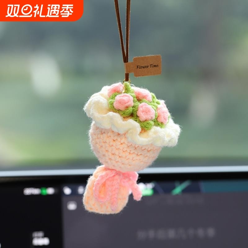 新款汽车挂件高级饰品毛线玫瑰花车载香薰后视镜挂饰车内装饰女生