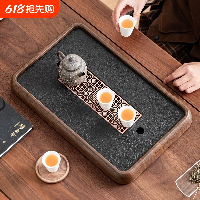 新中式仿乌金石茶盘家用功夫茶具干泡盘储排小茶台密胺盘长方形