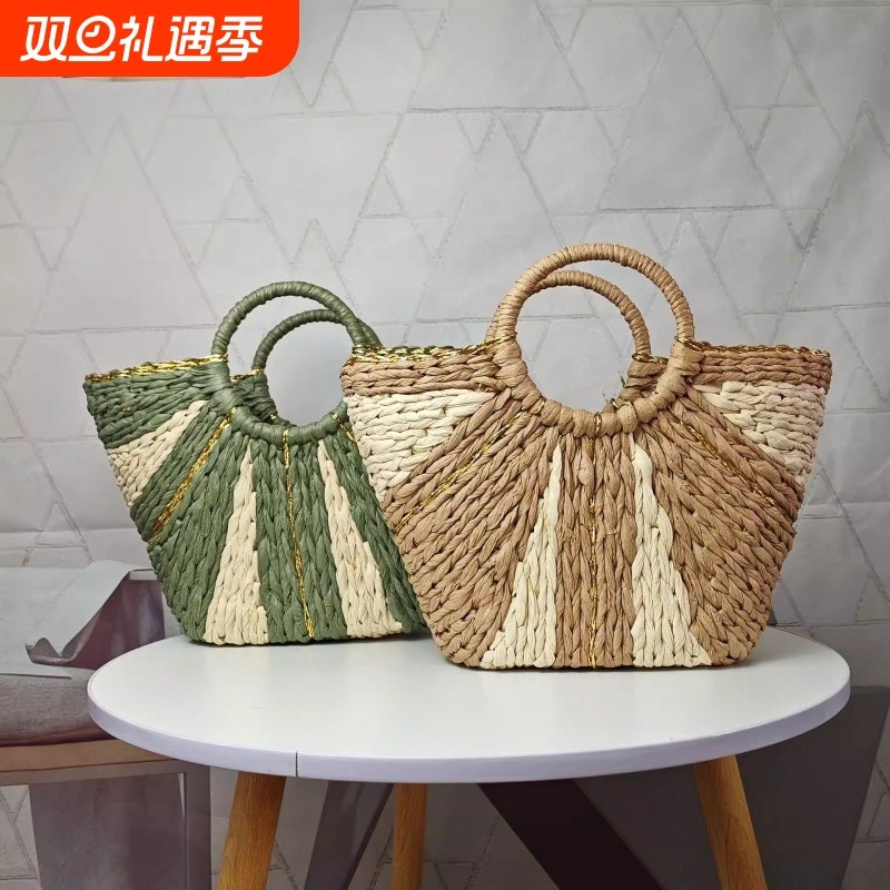 金丝手提草编包大容量托特菜篮子包度假沙滩包手拎编织包