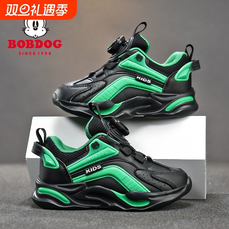 巴布豆男童鞋子皮面防水2025新款秋季中童旋转扣跑步鞋儿童运动鞋