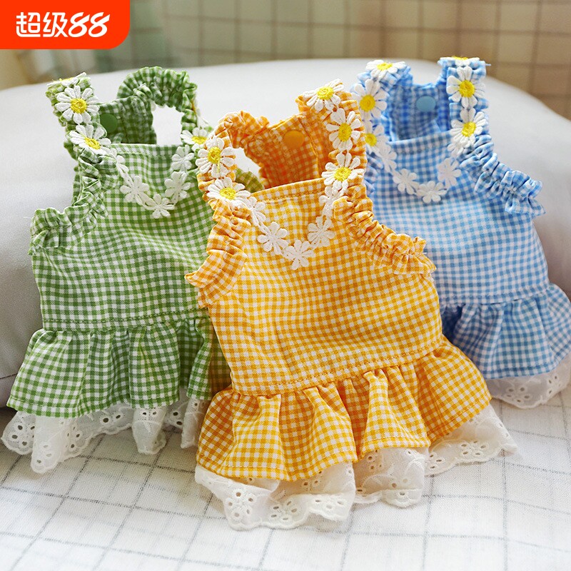宠物衣服狗狗猫咪新款夏季服饰花朵迷你蓝格太阳蕾丝裙子宠物用品