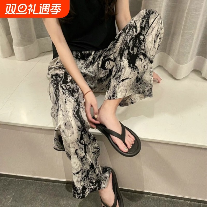 夏季薄款棉绸女士睡裤夏阔腿裤轻薄防晒度假外穿双兜休闲家居裤