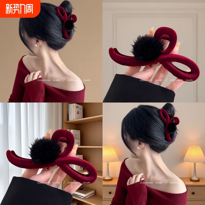 新年冬季毛毛抓夹新款红色发夹高级丝绒鲨鱼大号夹子头饰后脑勺