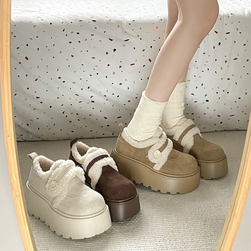 白色复古增高厚底加绒雪地棉鞋女2025新款冬季加厚保暖毛毛勃肯鞋
