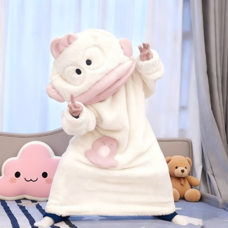 丑鱼睡袍儿童可爱搞怪连体睡衣女亲子秋冬加厚珊瑚绒卡通家居服男