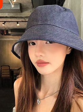 双面渔夫帽女秋季牛仔遮阳帽子高级感可折叠黑色帽檐圆顶显脸小