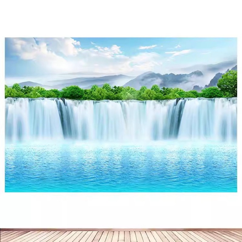 流水瀑布山水壁画客厅电视沙发背景墙贴装饰画风水招财大瀑布自粘