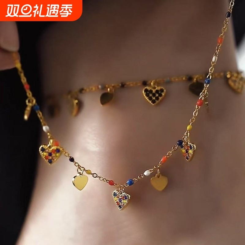 夏日多巴胺闪钻爱心脚链女小众高颜值轻奢吸睛设计圆珠足链送女友