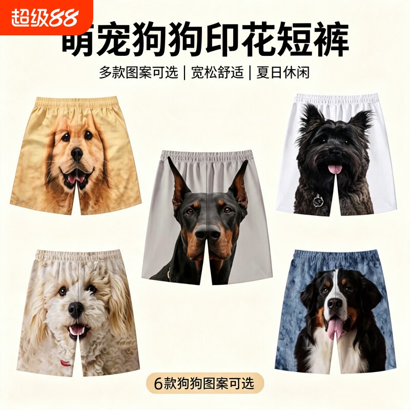 可爱狗狗沙滩裤搞笑五分沙滩裤速干运动裤休闲裤时尚情侣印花短裤