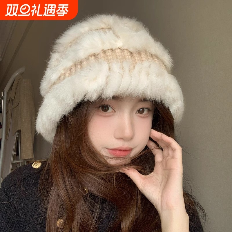 毛绒醒狮帽子女秋冬季保暖渔夫帽显脸小针织帽毛线盆帽兔毛灰色