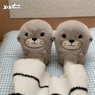 冬 男女情侣可爱卡通小海狮防滑棉拖鞋 细细条 家居舒适保暖月子鞋